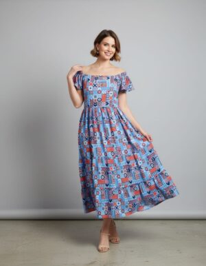 Blue printed rayon off-shoulder midi dress for women with flared silhouette