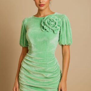 Green velvet bodycon dress for women with puff sleeves and floral detail