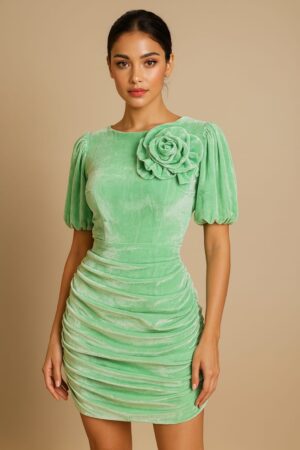 Green velvet bodycon dress for women with puff sleeves and floral detail