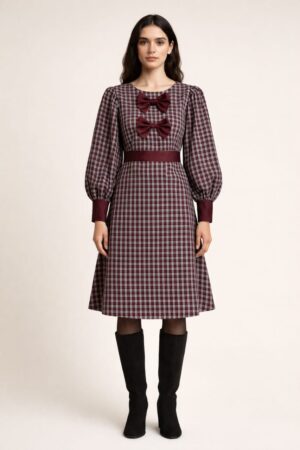 Checked acrylic fabric winter dress for women with bow detail and full sleeves