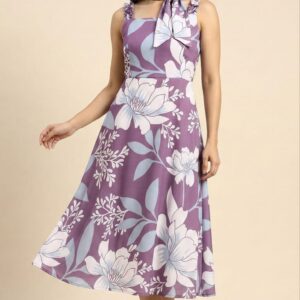 Lavender floral crepe blend midi dress for women with tie-up scarf neck
