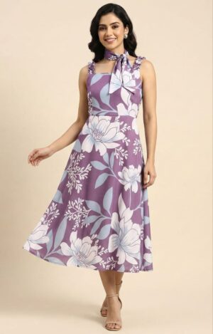 Lavender floral crepe blend midi dress for women with tie-up scarf neck