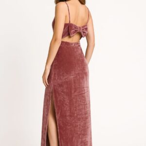 Velvet bow back maxi dress for women with slit and spaghetti straps