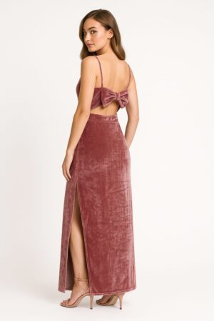 Velvet bow back maxi dress for women with slit and spaghetti straps