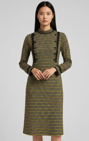 Acrowool checkered winter midi dress for women with high neckline