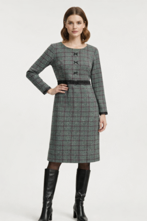 Acrowool checkered winter workwear dress for women with belt