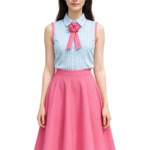Blue and pink Korean style co-ord set for women with sleeveless striped top and flared skirt
