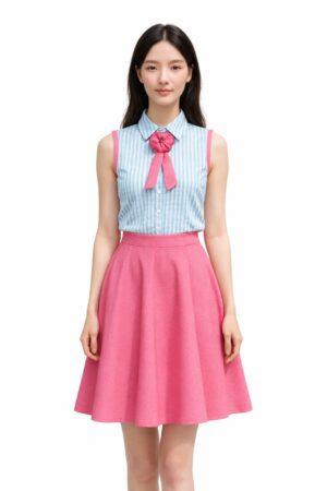Blue and pink Korean style co-ord set for women with sleeveless striped top and flared skirt