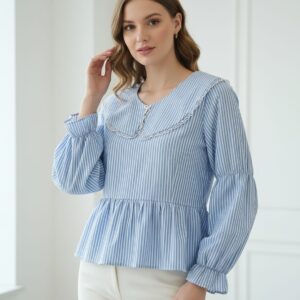 Blue striped peplum top for women with long sleeves and lace neckline – elegant casual wear