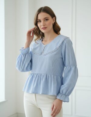 Blue striped peplum top for women with long sleeves and lace neckline – elegant casual wear