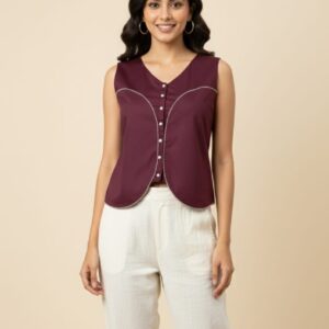 Brown and ivory co-ord set for women with sleeveless button-down top and straight-fit trousers