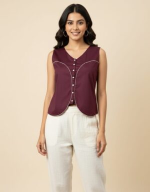 Brown and ivory co-ord set for women with sleeveless button-down top and straight-fit trousers