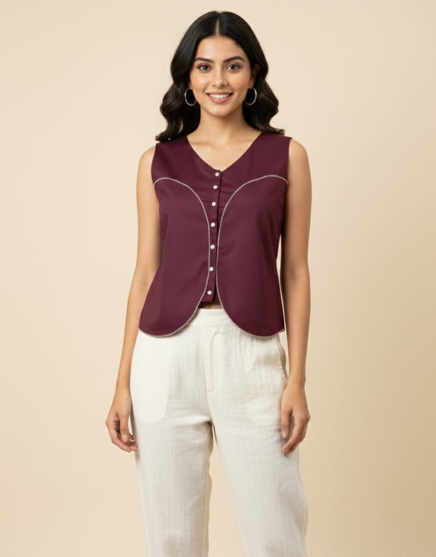 Brown and ivory co-ord set for women with sleeveless button-down top and straight-fit trousers