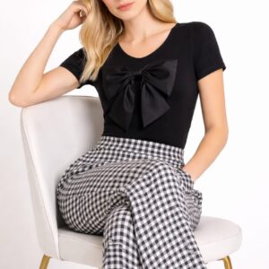 Cotton blended black top with bow and checkered trousers office wear co-ord set for women