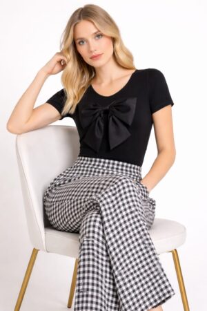 Cotton blended black top with bow and checkered trousers office wear co-ord set for women