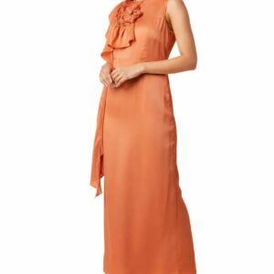 French crepe maxi dress for women with fabric flower detail