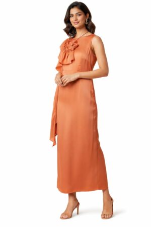 French crepe maxi dress for women with fabric flower detail