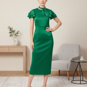 Green French crepe midi dress for women with flutter sleeves and tie neck