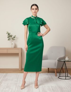 Green French crepe midi dress for women with flutter sleeves and tie neck