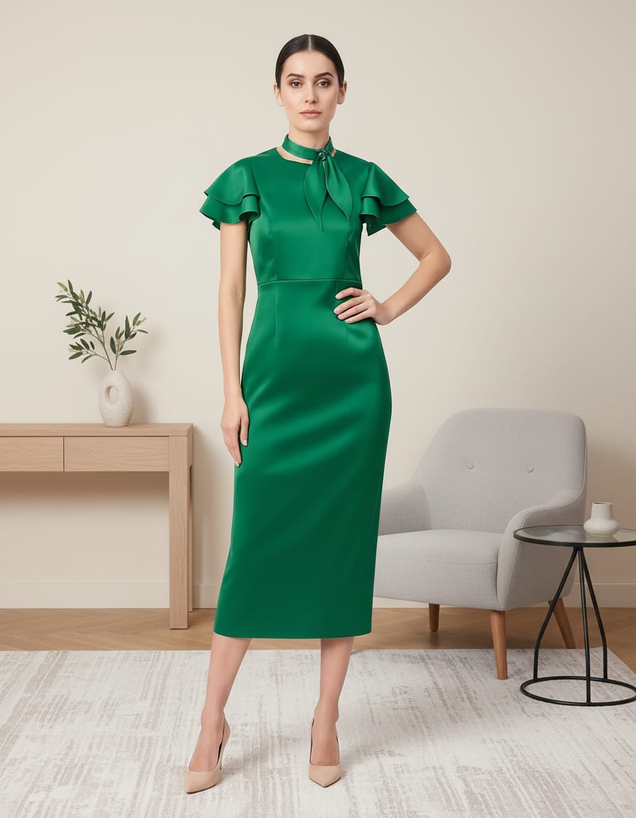Green French crepe midi dress for women with flutter sleeves and tie neck