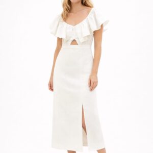 Ivory ruffle neck midi dress with flutter sleeves and front slit