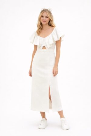 Ivory ruffle neck midi dress with flutter sleeves and front slit