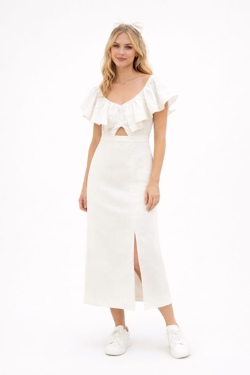 Ivory ruffle neck midi dress with flutter sleeves and front slit