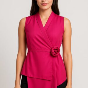Magenta wrap style sleeveless office top for women with waist flower detail