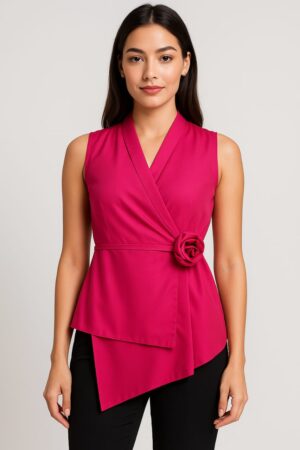 Magenta wrap style sleeveless office top for women with waist flower detail