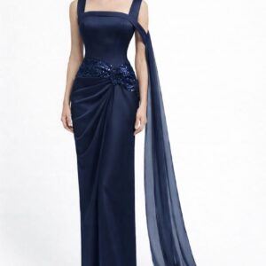 Navy blue net and satin evening gown for women with floor-length drape