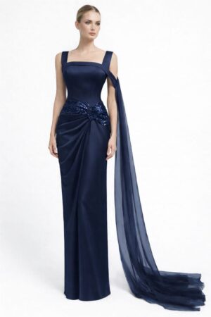 Navy blue net and satin evening gown for women with floor-length drape