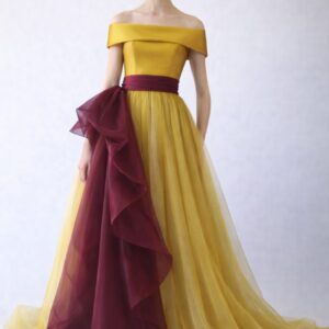 Off-shoulder net party gown for women with layered floor-length design