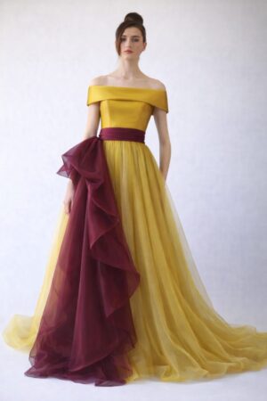 Off-shoulder net party gown for women with layered floor-length design