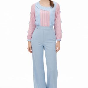 Pastel striped cotton top for women with layered neckline and full sleeves