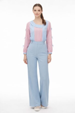 Pastel striped cotton top for women with layered neckline and full sleeves