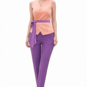 Peach and purple co-ord set for women with sleeveless wrap top and straight pants