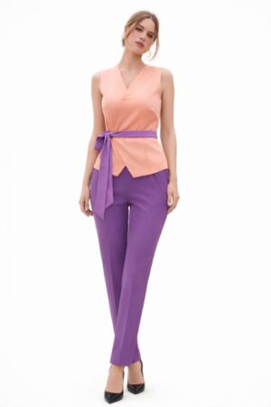 Peach and purple co-ord set for women with sleeveless wrap top and straight pants