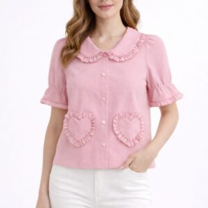 Pink heart pocket top for women with ruffle collar and short sleeves
