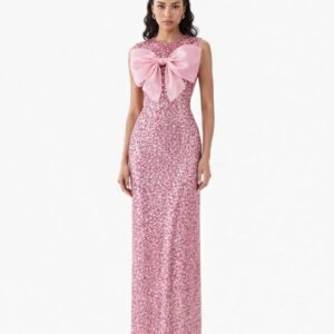 Pink sequin evening gown for women with bow detail and floor-length design