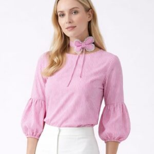Pink striped butterfly neck top for women with puff sleeves – cute office and casual wear