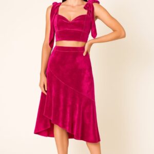 Pink velvet crop top and skirt co ord set for women party wear