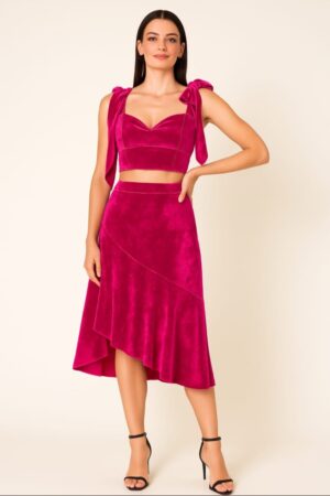 Pink velvet crop top and skirt co ord set for women party wear