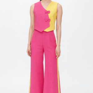 Pink and yellow co-ord set for women with sleeveless colour-block top and wide-leg trousers