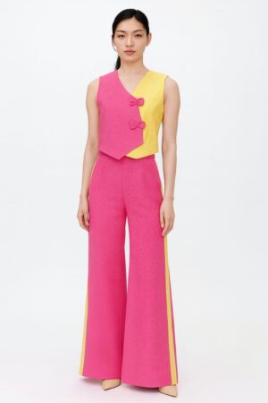 Pink and yellow co-ord set for women with sleeveless colour-block top and wide-leg trousers