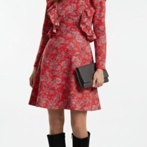 Printed winter dress with attached shrug styled with boots for women