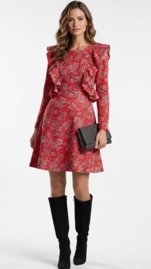 Printed winter dress with attached shrug styled with boots for women