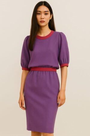 Purple Korean style co-ord set for women with puff sleeve top and midi skirt