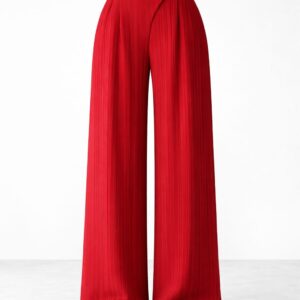 Red high-waist pleated wide-leg trousers for women office wear