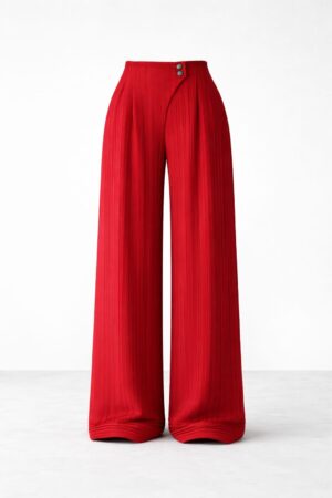 Red high-waist pleated wide-leg trousers for women office wear
