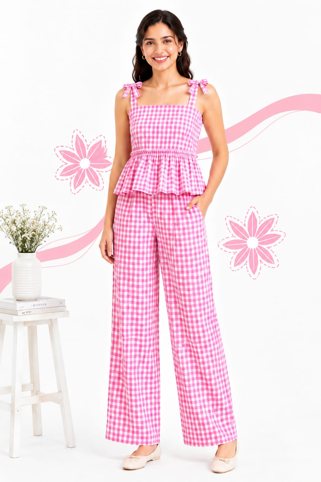 Pink gingham peplum co-ord set for women with bow shoulder straps and wide leg pants on female model against pastel background